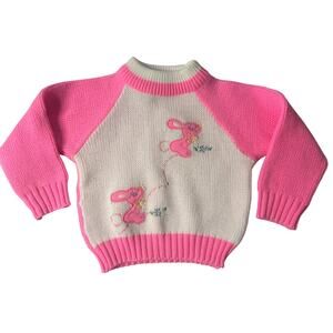 Vintage 80s Bunny Sweater 12M Hot Pink Raglan Knit Baby Easter Retro Tiny Tots